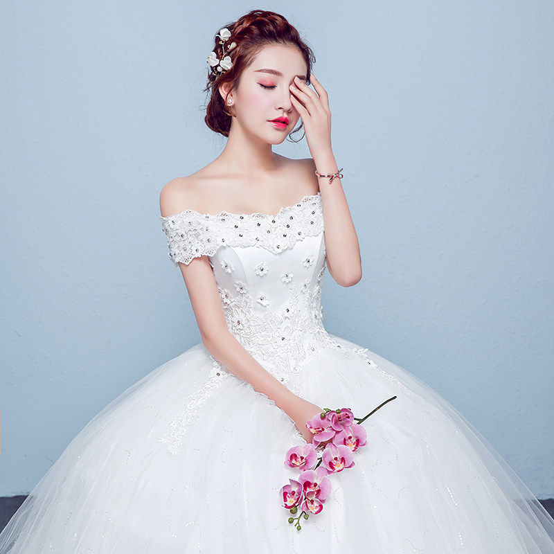 One Word Shoulder Lace Wedding Dress Dress 2021 New Korean-style Bride Wedding Conspicuously Princess Wedding Dress Spring Summer
