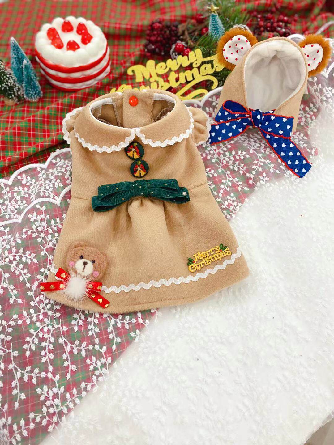 Original Handmade Custom Pet Clothes Christmas Gingerbread Bear Cashmere Dress Teddy Pomeranian Pony Yorkshire Muppet