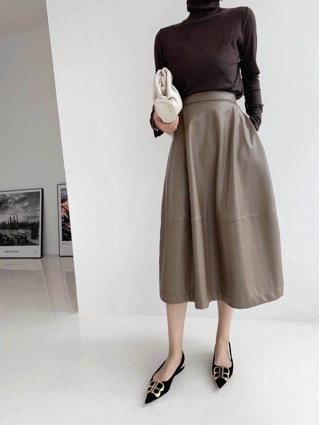 Leather skirt skirt spring and autumn flower bud three-dimensional design all-match long skirt temperament a-line umbrella skirt mid-length high waist European and American