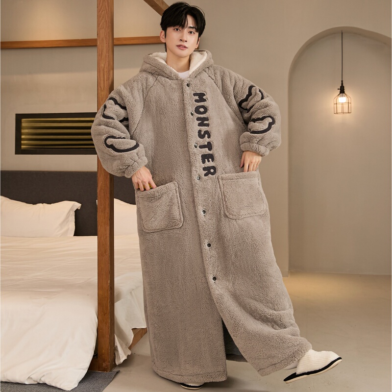 Men's Winter Coral Fleece Thickened Plus-Size Bathrobe 100kg Long Flannel Pajamas for Big and Tall Men
