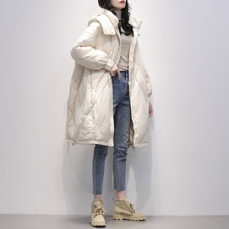 2021 Winter fit new Korean version white Even cap Fashion Thin White Duck Suede Medium Long version down jacket Thickened Jacket