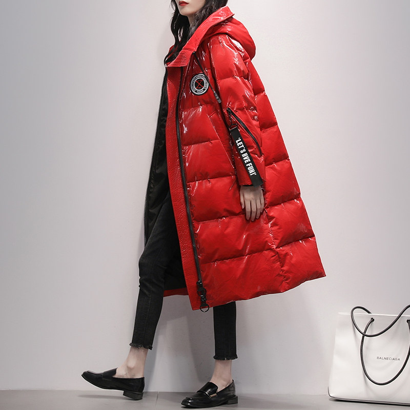 Red over the knee middle - long - edition feather dress 2021 winter new Han - Edition fashion pu brightness coat