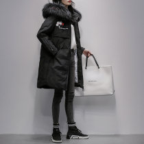 2021 Winter new Korean version Large fur collar black Lianhood fashion Slim Medium Long down jacket Thickened Jacket