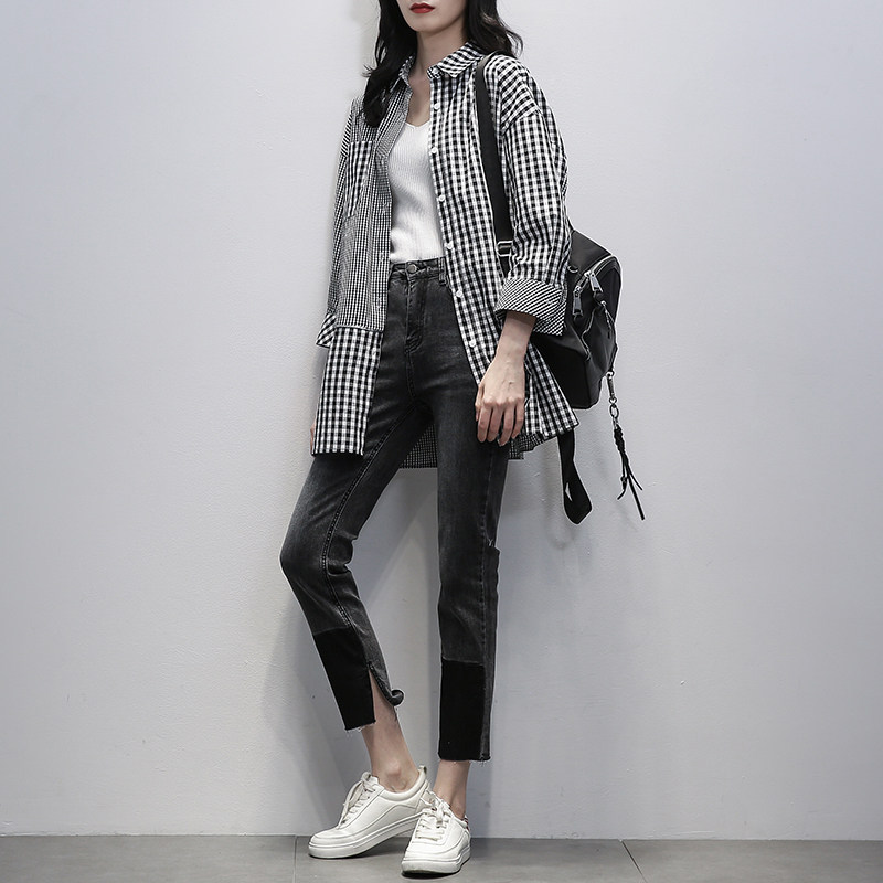 Black and white plaid splicing shirt woman 2023 Fall new 90% sleeves Loose With Slim Fit 100 Hitch Undershirt-Taobao