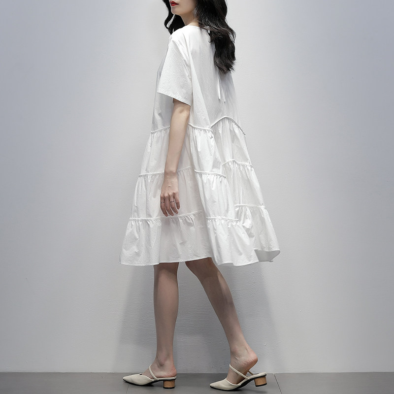 White dress girl 2022 summer new Korean short sleeve collar short - sleeve neck short - sleeve medium - long version a-word skirt
