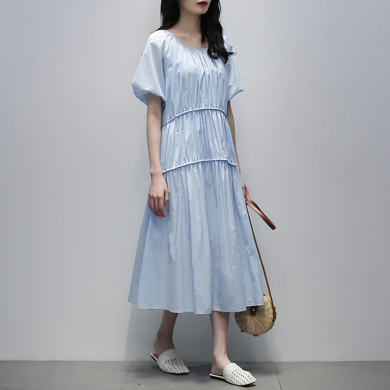 2022 summer new Korean version of the puff sleeves round neck solid color simple temperament thin a-word mid-length dress for women