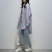 2022 Autumn loaded with new Korean version Striped Long Sleeve Polo Collar Loose 100 Riding Temperament Long-Shirt Woman