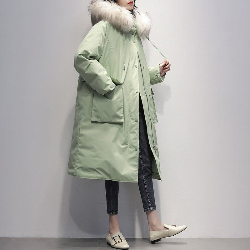 2022 winter new Korean version of the big fur collar hooded double-sided wear mid-length down jacket women's double-sided thick coat tide