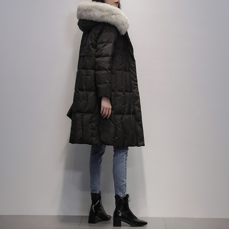 Fox fur grand woolen collar down jacket woman mid length 2022 Winter new Korean version black Lianhood Thin Thickened Jacket-Taobao