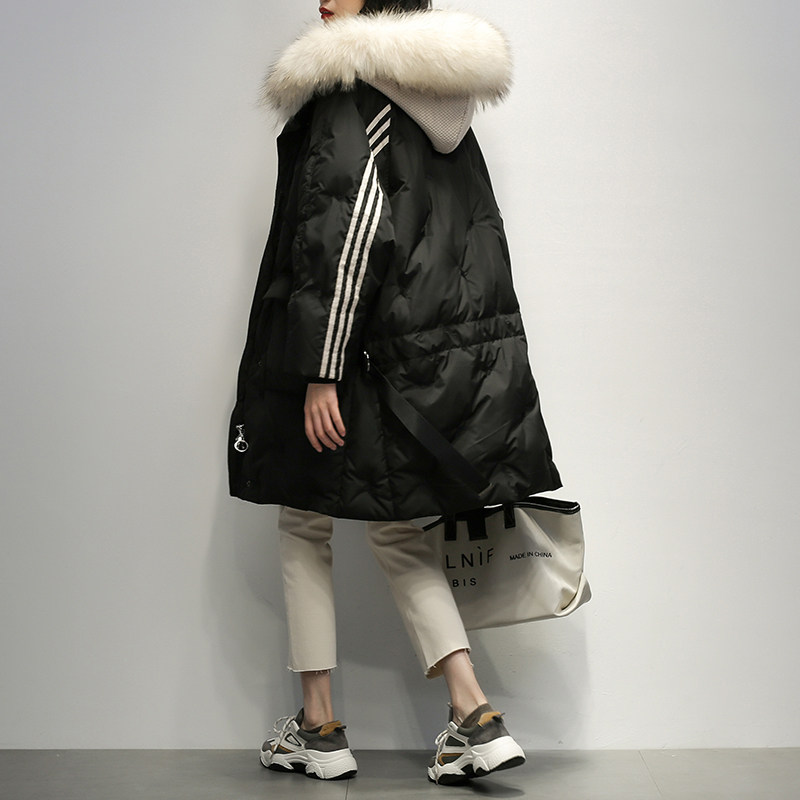 Large fur collar black medium long version down jacket for women 2021 Winter fit new Korean version Even cap fashion Loose Thickened Jacket