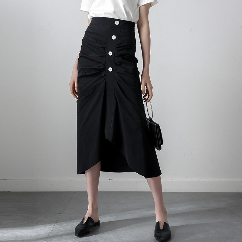 Black High Waist Half Body Dress Woman 2022 Spring new Korean version Temperament Folds Irregular Medium Long Version Skirt Women's Dress