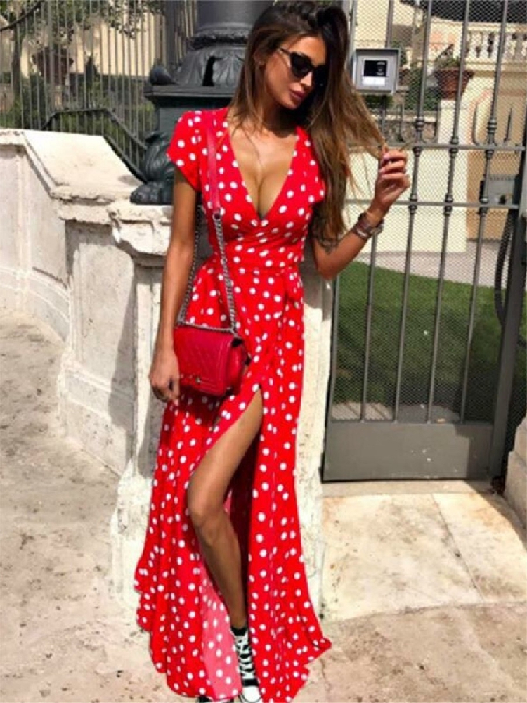 Robe Sexy Plus Dress Pary Pois Pour Vacances En V Femme Rouge Encolure Maxi Club Taille Plage Journalières À Élégante 34RjLq5A