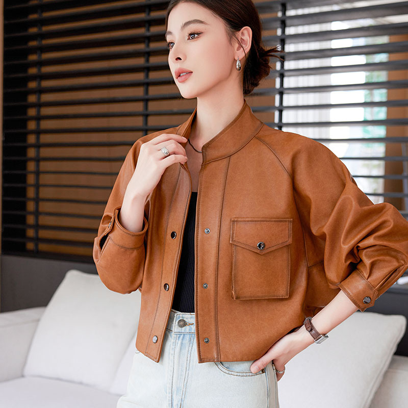 2025 New Style Sheepskin Genuine Leather Jacket for Women, Short Batwing Sleeve, Korean Style Loose Fit, Biker Jacket with Stand Collar
