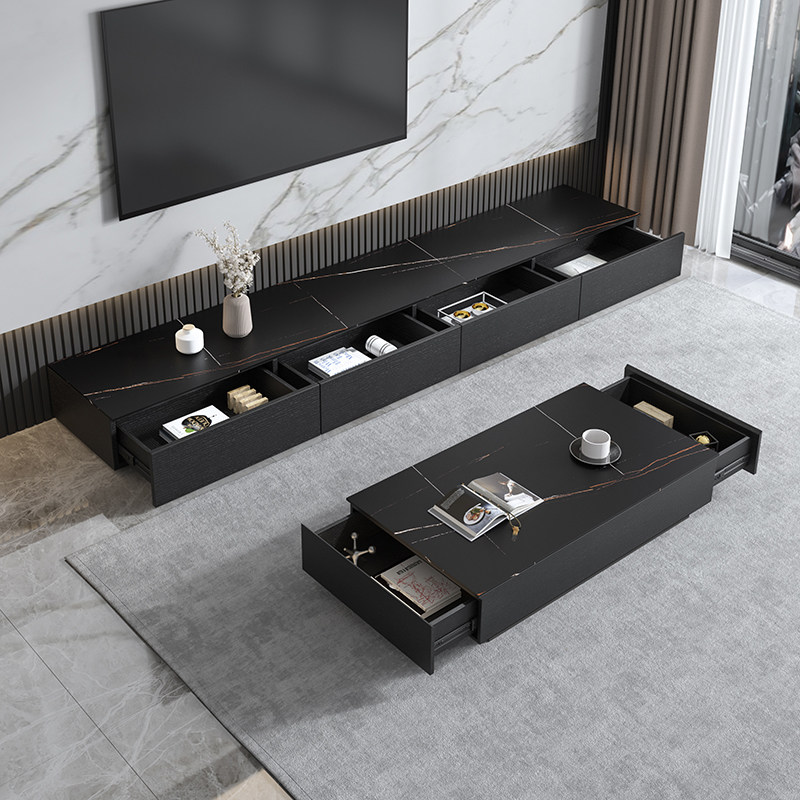 Rock plate TV cabinet tea table combination minimalist modern Nordic small family living room extremely minimalist black 2 m floor to floor