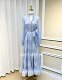 Heavy-duty pearl single-breasted puff sleeves spliced ​​with water-soluble lace, loose version with bindable waist and wide hem long skirt