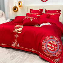 High-quality red wedding four-piece thickened brushed quilt cover sheets wedding room wedding festive Chinese bedding