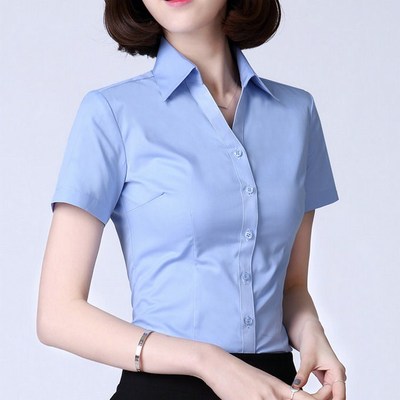 Blue Shirt Woman Short Sleeve Career 2020 New Summer And Korean Version Temperament Sv Collar Shirt Business Work Dress Positive Dress