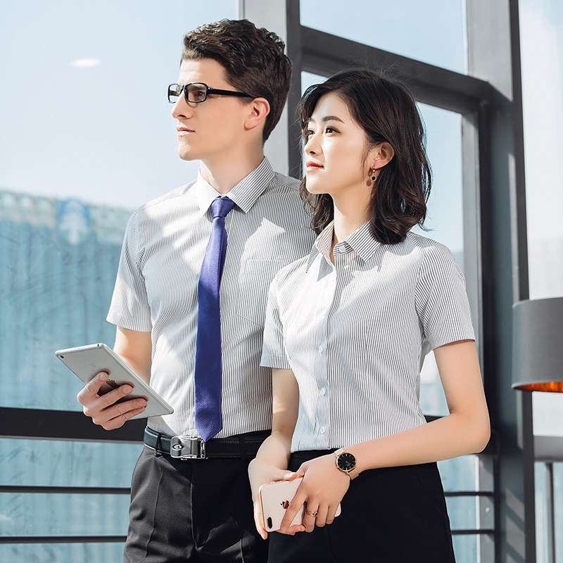 Short Sleeve Striped Shirt Woman Summer Dress Temperament Men And Women Cotooling 4S Car Sales Workwear Workwear Shirts