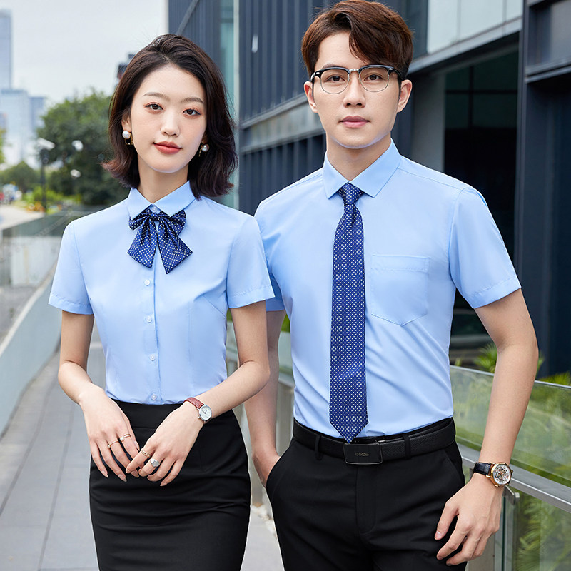 Men's and women's same professional suits women's summer short-sleeved blue shirts temperament tooling shirts custom work clothes tops