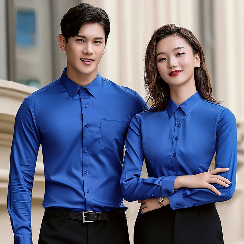 Customized professional shirts for men and women long sleeves clothes Spring and Autumn Bao Blue Cotton-free Elastic Cotton Shirt Embroidery logo