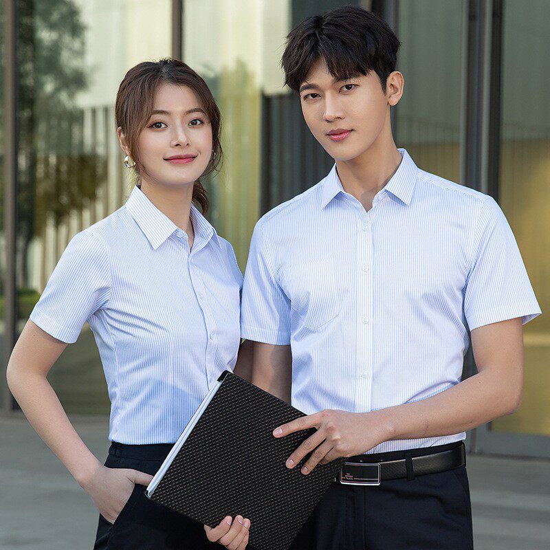 Blue White Vertical Striped Shirt for men and women The same real estate teachers work clothes white collar short sleeve shirt summer custom LOGO