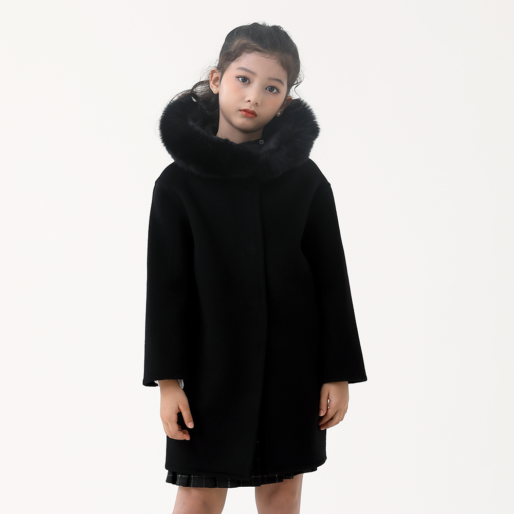 Child bifacial cashmere boy girl girl's autumn winter medium long version of wool The foreign pie coat thickened fox fur collar jacket