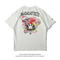 Summer new cartoon personality tide cards men and women T-shirt embroidered paparazzi floating painting panda group short sleeves loose pure cotton