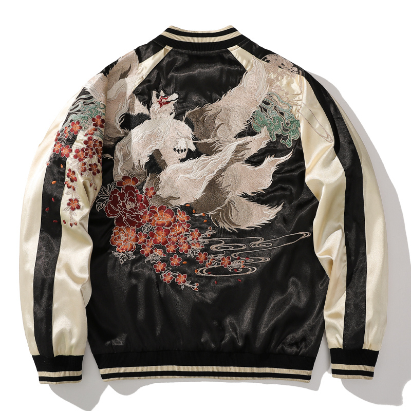 Spring and Autumn Chinese Style Heavy-Duty Yokosuka Jacket for Men and Women with Embroidered Nine-Tailed Fox, Chinese Style Baseball Jacket, Retro and Unique