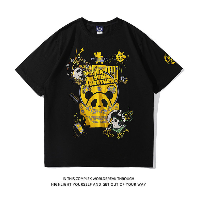 Panda Group Guochao New Original Tide Brand Men's T-shirt Cartoon Anime Personality Embroidery Flower Short Sleeve Couple Students