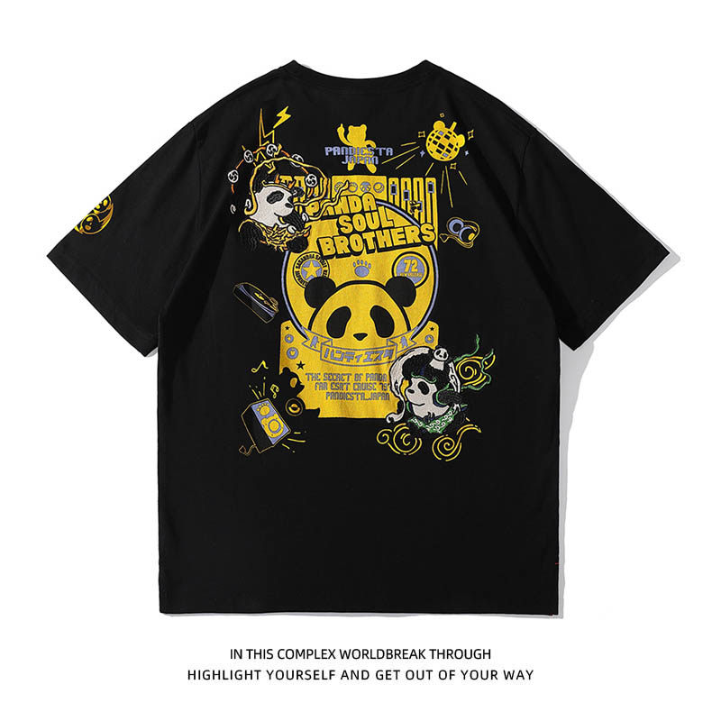 2022 Tide Card Panda Group T-Shirt Male Floating Painting Cartoon Embroidered Couple Short Sleeve PANDAEAST Campus Youth Tide