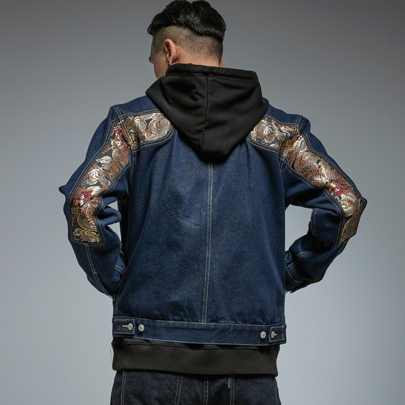 Day Ensemble Embroidered Denim Jacket Men's Embroidered Collar Youth Personality Multi-Pocket Couple Coats Denim Jacket Cowboy