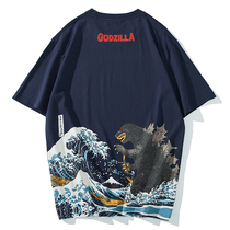 Personality original trendy brand mens T-shirt Godzilla monster Ukiyo-e waves female couple movie short sleeve cartoon ins