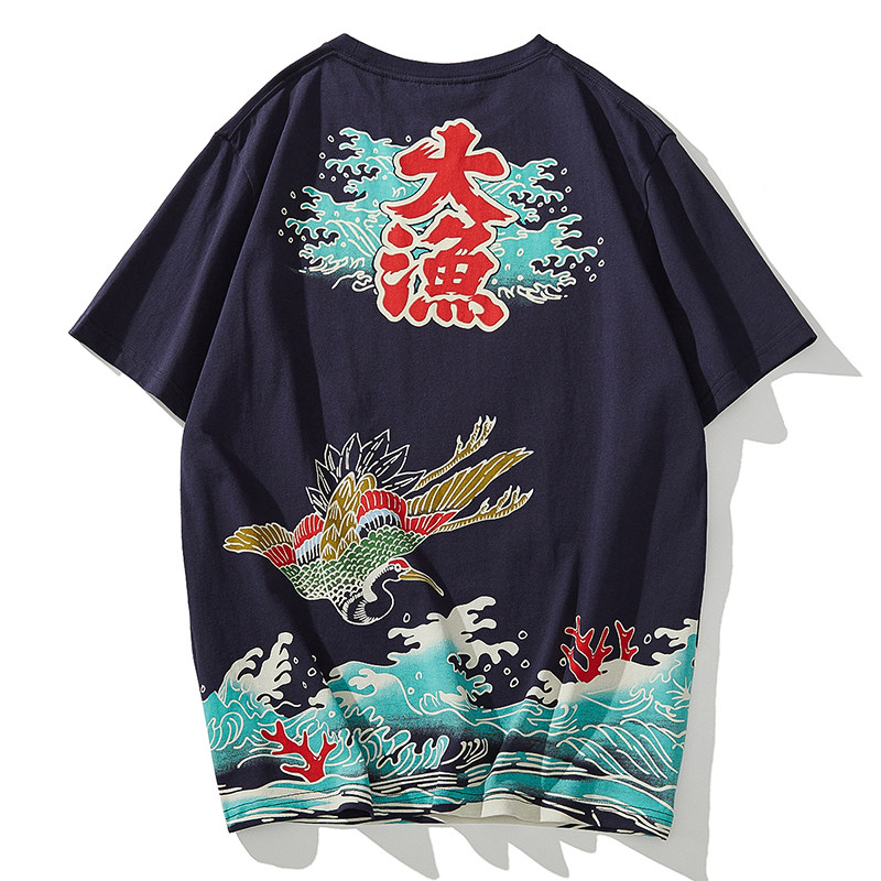 2022 large fish Haitang lovers personality T-shirt Waves Flying Birds Cartoon Cartoon Men Short Sleeves Pure Cotton Casual Half Sleeve Tide