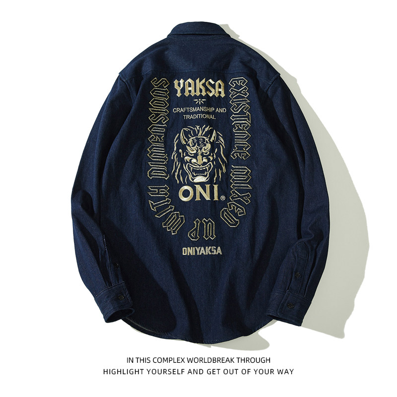 2022 spring and autumn new men's tide brand denim embroidery shirt personality casual shirt long-sleeved street student top