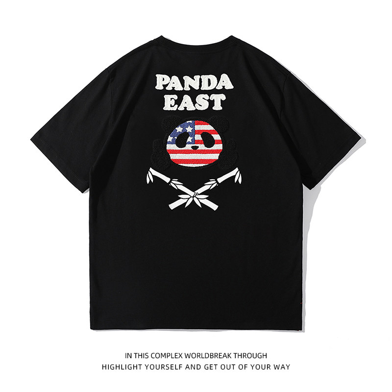 Embroidered cartoon panda store racing motorcycle PANDAEAST tide brand men's T-shirt casual male and female students short-sleeved new