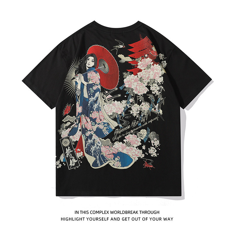 2022 spring and summer new style drawing knife girl Japanese tide brand T-shirt and style personality gold powder printed cotton short-sleeved couple t