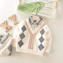 Boys sweater 2021 Autumn Winter New Childrens knitwear shirt collar Baby Baby Baby fake two coat tide