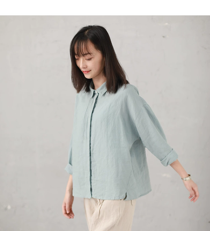 Cotton Xu 2019 xuân hè mới tươi mới văn học áo sơ mi nữ rộng rãi áo sơ mi dài tay ramie nữ M9601 - Áo sơ mi