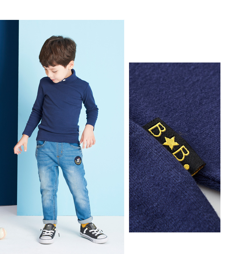 Babu bean flagship mặc đồ bé trai 2018 mùa thu mới cổ cao áo phông chạm đáy áo sơ mi cotton giản dị áo len ao dep cho be