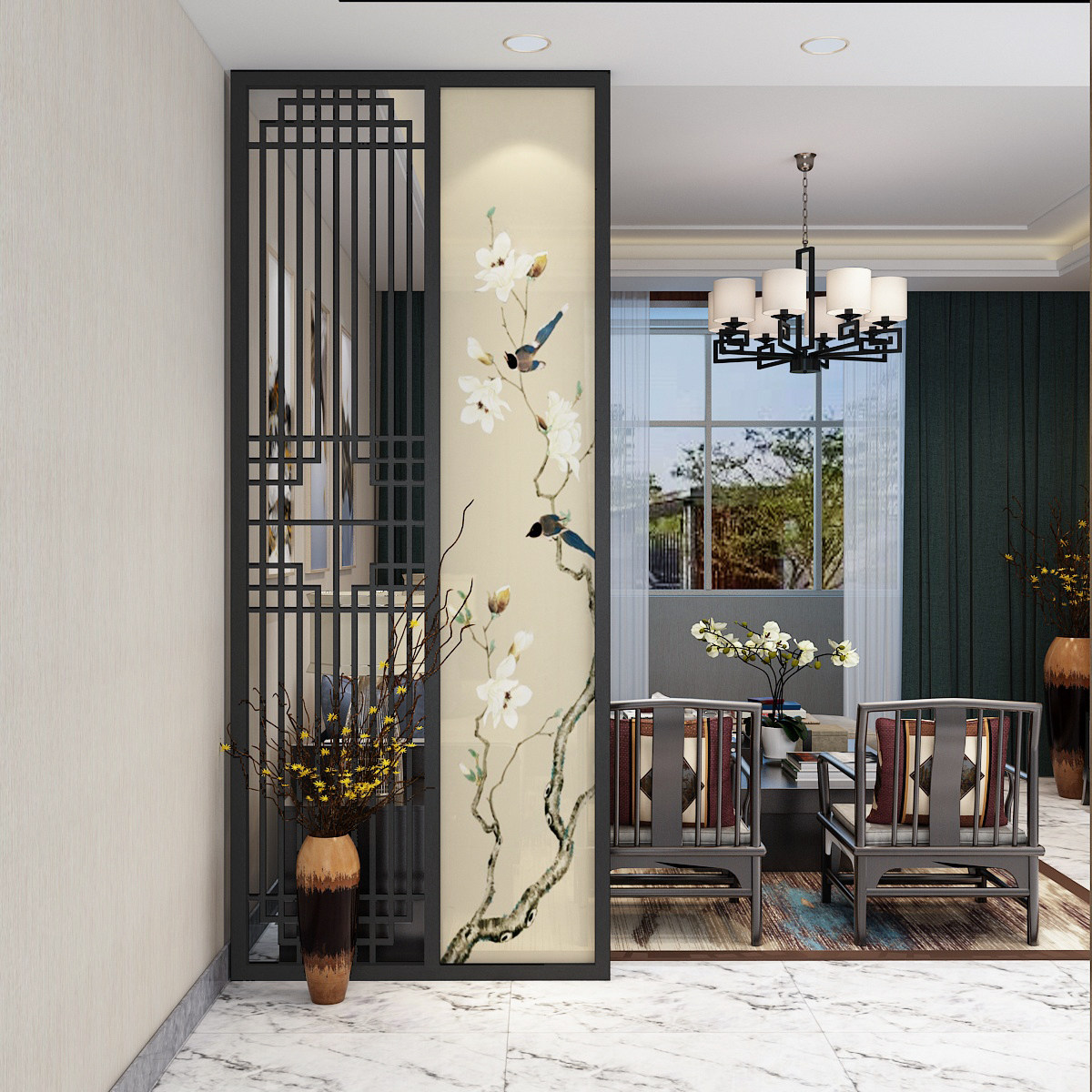 Home barrier brake entrance cabinet door solid wood partition lattice New Chinese screen partition Living room shelf engraving M