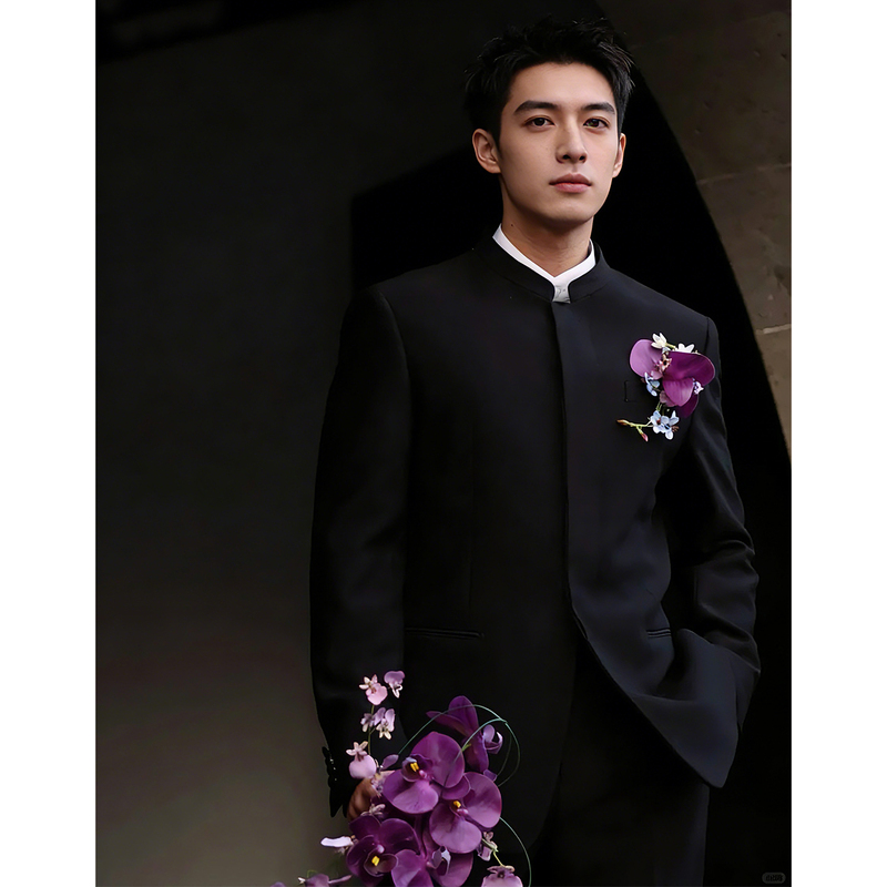 Happy Orange [Lingge] Concealed Placket Stand-Up Collar Zhongshan Suit Men's Youth Performance Costume Groom Wedding Chinese-Style Dress