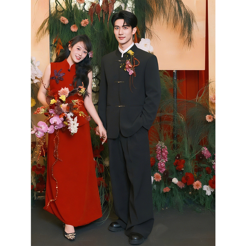 Happy Orange/Cheongsam-Style Men's Groom Wedding Suit Set, New Chinese Style National Style Men's Formal Wear Engagement Two-Piece Set Happy Orange/Cheongsam-Style Men's Groom Wedding Suit Set, New Chinese Style National Style Men's Formal Wear Engagement Two-Piece Set