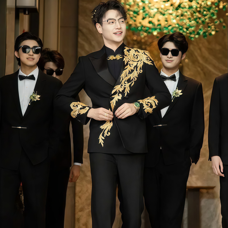 Happy Orange New Chinese Style 2026 High-End Button Embroidery Suit Men's Business Engagement Groom Wedding Dress