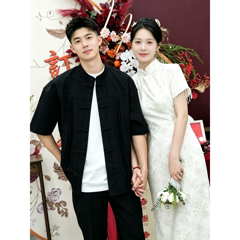 Joyful Orange【Si Han】New Chinese-Style Stand-Collar Buttoned Short-Sleeve Shirt for Weddings and Engagements, Tang Suit Shirt Jacket