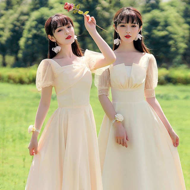 Bridesmaid dress female 2022 new usually can wear sister group fairy temperament slim annual meeting satin dress winter