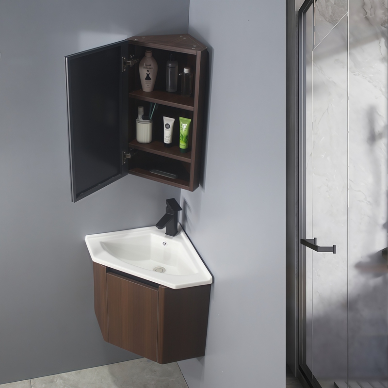 Medieval-Style Walnut-Colored Triangular Bathroom Cabinet Set for Small Spaces, Corner Washbasin, Right-Angle Washstand