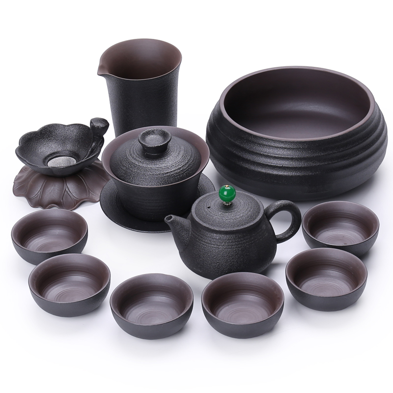 Is black pottery tea set suit household ceramics kongfu zen rhyme teapot tea cups of tea of a complete set of gift boxes