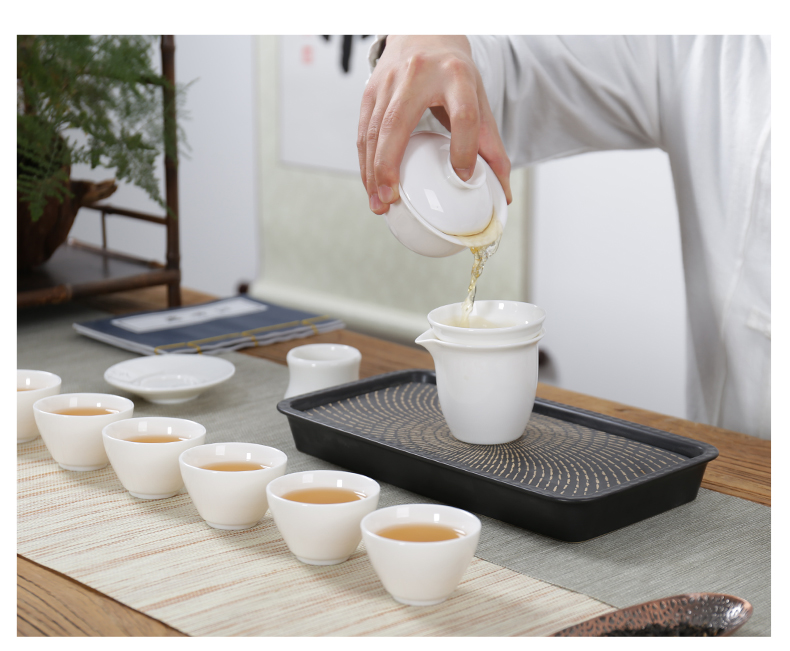 Household dehua white porcelain tea tureen only three bowls of ceramic cups to kung fu tea set white porcelain tea sea interface. A cup of tea