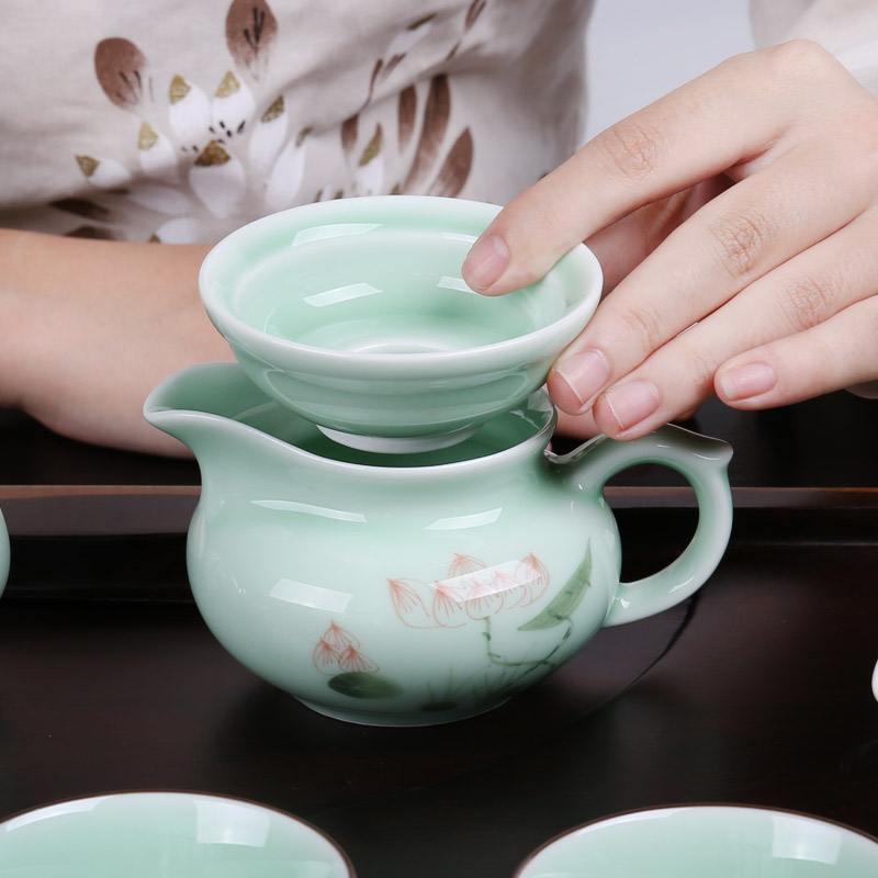 Chiang kai - shek hand - made celadon lotus rhyme tea set a complete set of kung fu tea cups ceramic teapot tea gift box