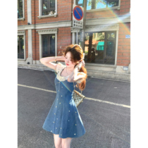 Q Girls Denim Lisianthus summer French lace patchwork waist slimming A-line blue denim skirt dress